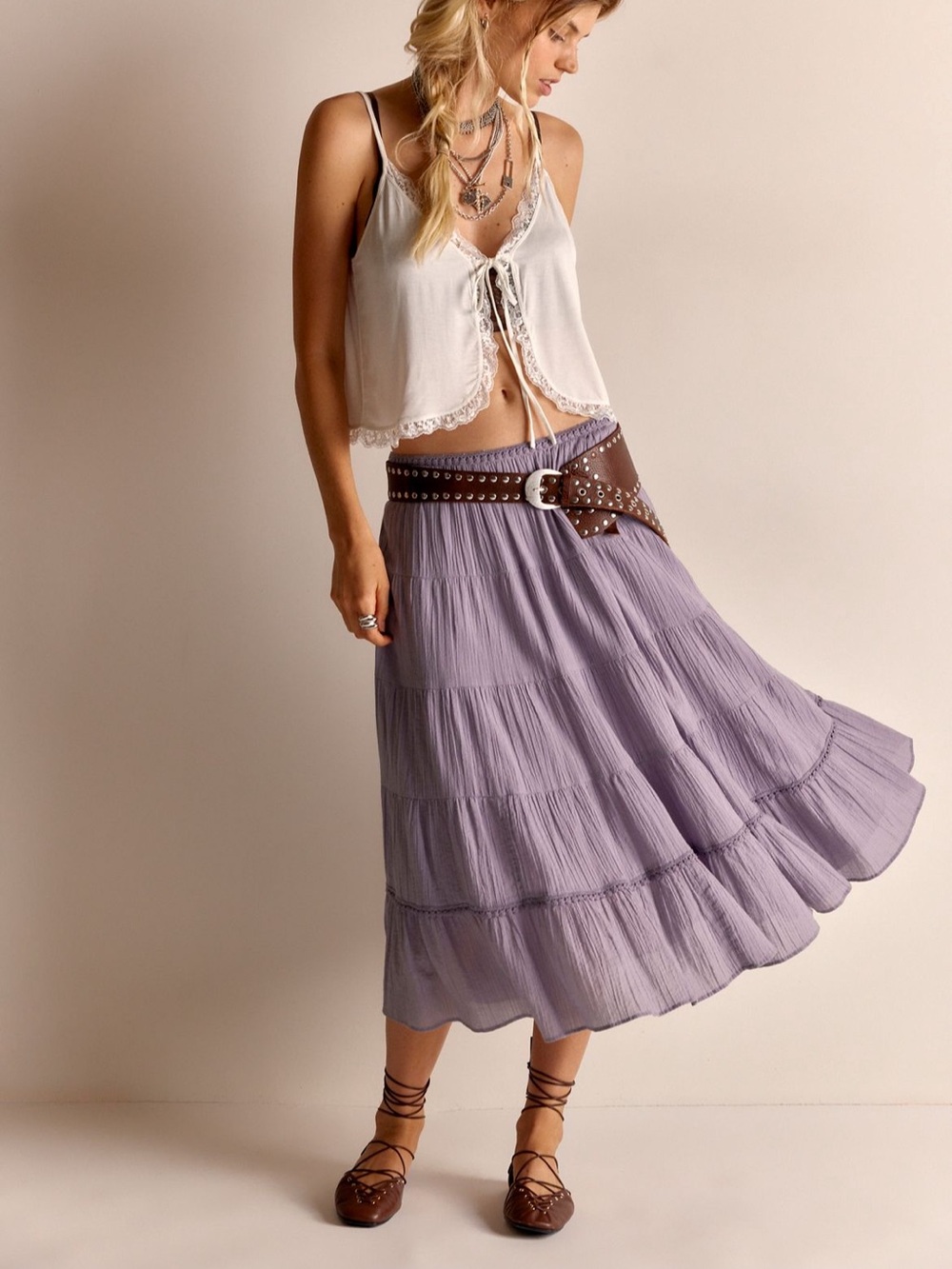 Free People Bright Side Purple Ash Vintage Inspired Embroidered Skirt Top Set - Picture 6 of 14